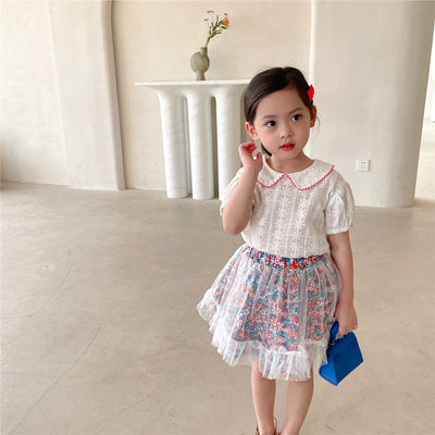 Conjunto Infantil: Blusa Manga Corta y Falda de Gasa Floral - Image 4