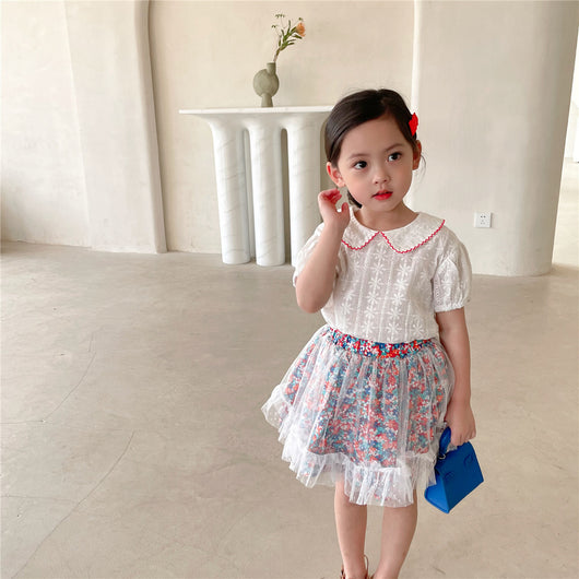 Conjunto Infantil: Blusa Manga Corta y Falda de Gasa Floral - Image 4