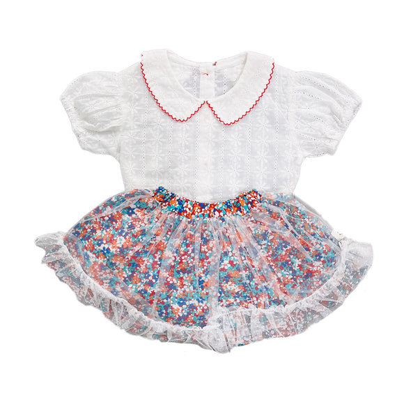 Conjunto Infantil: Blusa Manga Corta y Falda de Gasa Floral