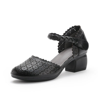 Zapatos Étnicos de Cuero para Mujer con Tacón Grueso y Punta Hueca - Image 10