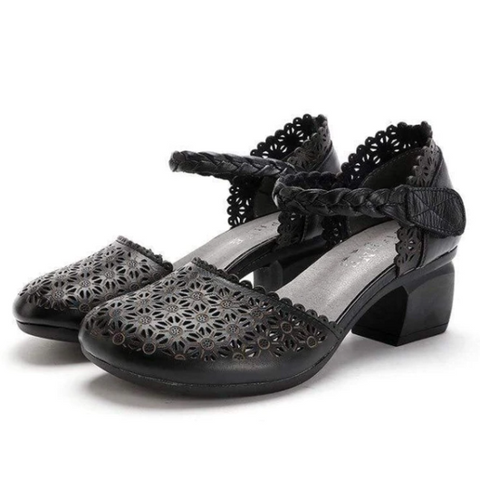 Zapatos Étnicos de Cuero para Mujer con Tacón Grueso y Punta Hueca - Image 3