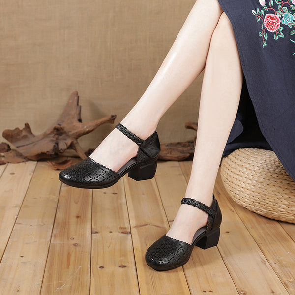 Zapatos Étnicos de Cuero para Mujer con Tacón Grueso y Punta Hueca