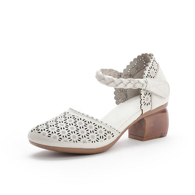 Zapatos Étnicos de Cuero para Mujer con Tacón Grueso y Punta Hueca - Image 4
