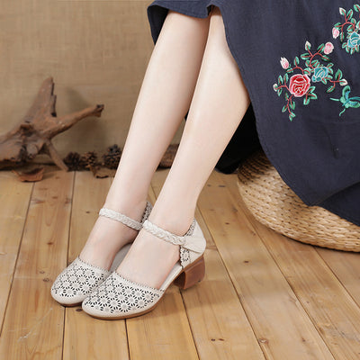 Zapatos Étnicos de Cuero para Mujer con Tacón Grueso y Punta Hueca