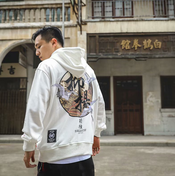 Sudadera Hoodie Estilo Chino con Grúas Bordadas - Diseño Suelto y Cómodo para Parejas