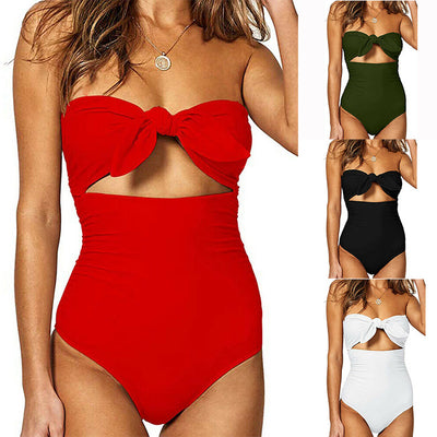 Bright yellow one-piece swimsuit with a strapless bandeau top, front tie-knot, and a cutout detail. - Image 2