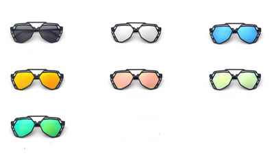 Black geometric cut-out sunglasses with blue mirrored lenses, shown from front and side angles. - Image 4
