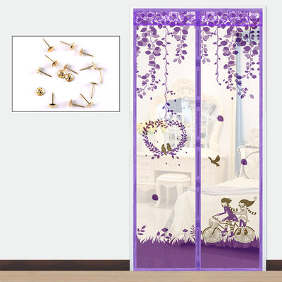 Purple magnetic mosquito curtain with a playful design featuring monkeys, birds, and leaves, installed in a doorway. - Image 5