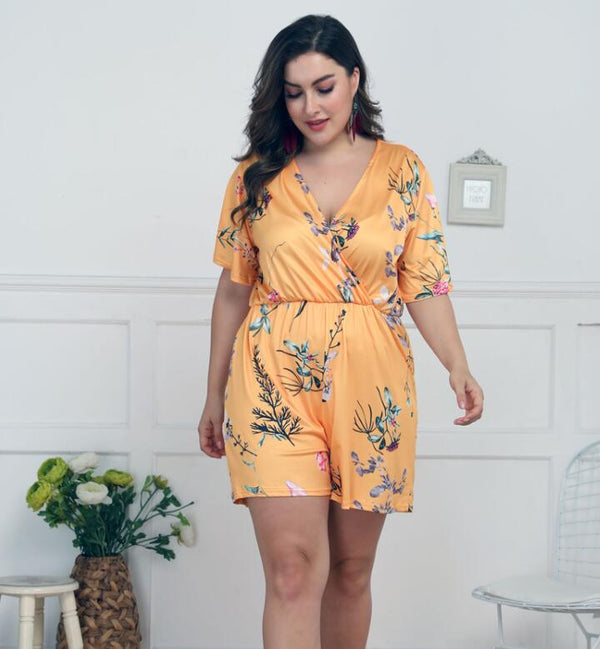 Enterizo Corto Casual con Escote Profundo y Estampado