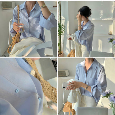 Camisa Suelta de Manga Larga en Color Liso para Mujer - Image 11
