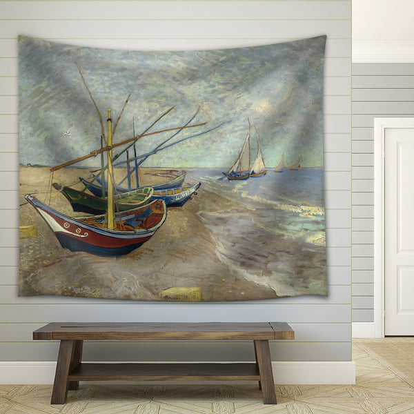 Printed tapestry featuring Van Gogh's 'Fishing Boats on the Beach' artwork with colorful boats on sand and sea.
