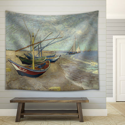 Printed tapestry featuring Van Gogh's 'Fishing Boats on the Beach' artwork with colorful boats on sand and sea.