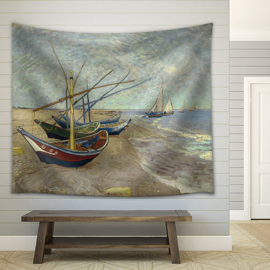 Printed tapestry featuring Van Gogh's 'Fishing Boats on the Beach' artwork with colorful boats on sand and sea.