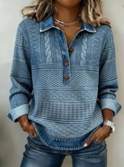 Blusa Retro de Cuello Alto con Estampado y Manga Larga - Image 7
