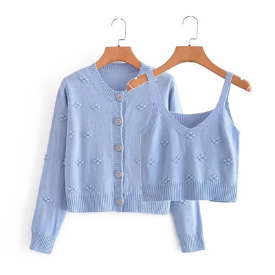 Conjunto Dos Piezas: Cardigan Tejido Floral Manga Larga + Camiseta Ajustada Cuello Redondo - Image 7