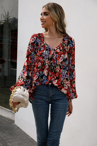 Blusa Floral Suelta Manga Larga Escote en V - Image 9