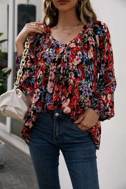 Blusa Floral Suelta Manga Larga Escote en V - Image 10