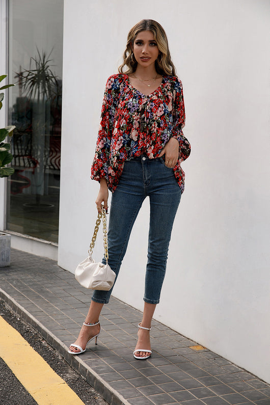 Blusa Floral Suelta Manga Larga Escote en V - Image 12