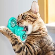Gray tabby cat playing with a teal windmill cat toy featuring a suction cup base, textured ball, and colorful spinning paddles. - Image 13
