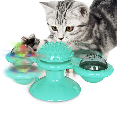 Gray tabby cat playing with a teal windmill cat toy featuring a suction cup base, textured ball, and colorful spinning paddles. - Image 14