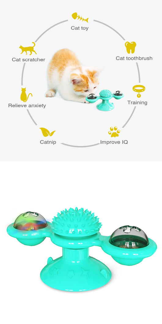 Gray tabby cat playing with a teal windmill cat toy featuring a suction cup base, textured ball, and colorful spinning paddles. - Image 15