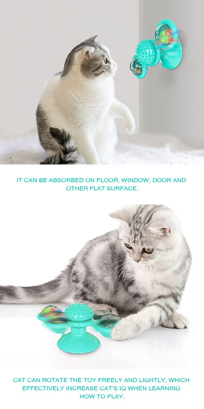 Gray tabby cat playing with a teal windmill cat toy featuring a suction cup base, textured ball, and colorful spinning paddles. - Image 16