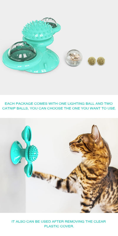 Gray tabby cat playing with a teal windmill cat toy featuring a suction cup base, textured ball, and colorful spinning paddles. - Image 17
