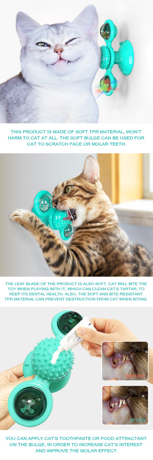 Gray tabby cat playing with a teal windmill cat toy featuring a suction cup base, textured ball, and colorful spinning paddles. - Image 18
