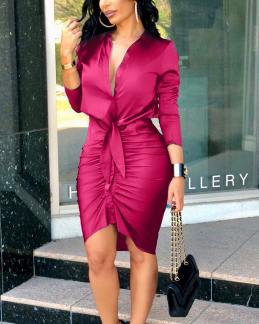 Vestido Camisero Mujer Cuello V Manga Larga Color Sólido - Image 17