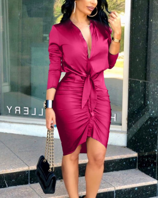 Vestido Camisero Mujer Cuello V Manga Larga Color Sólido - Image 18