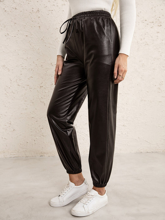 Pantalones de Cuero PU para Mujer con Cintura Elástica Versátil - Image 10