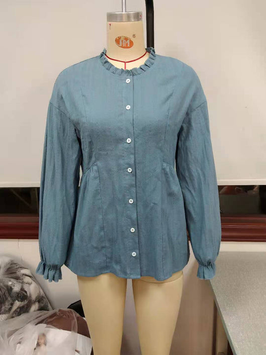 Camisa de Cuello Mao con Volantes y Manga Larga - Image 37