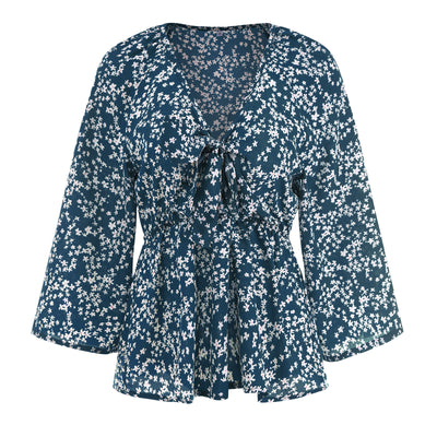 Blusa de Gasa Floral con Cuello en V y Mangas Recortadas para Mujer - Image 13