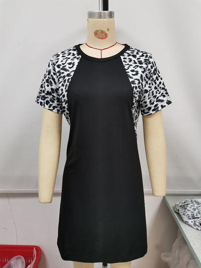Vestido Casual de Manga Corta con Estampado de Leopardo y Paneles Contrastantes - Image 29