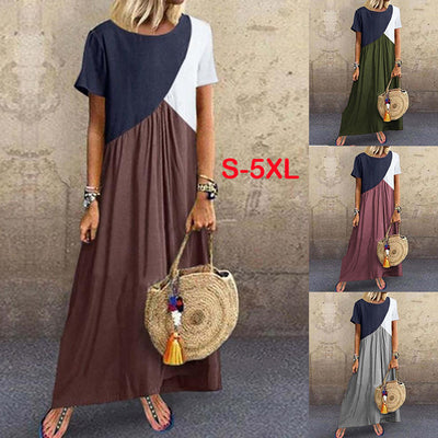 Vestido Largo Mujer Patchwork Geométrico Contraste Manga Corta - Image 10