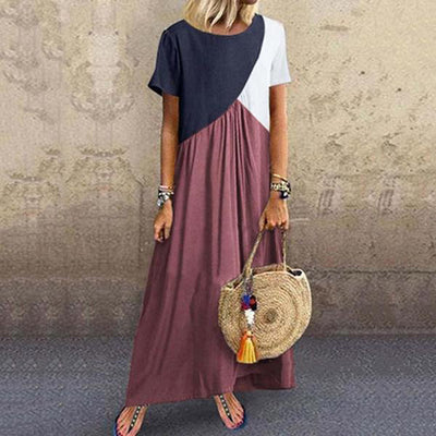 Vestido Largo Mujer Patchwork Geométrico Contraste Manga Corta - Image 11