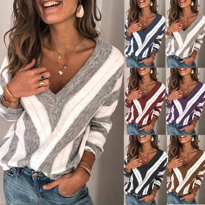 Suéter de Punto Fino con Cuello en V y Rayas para Mujer - Image 3