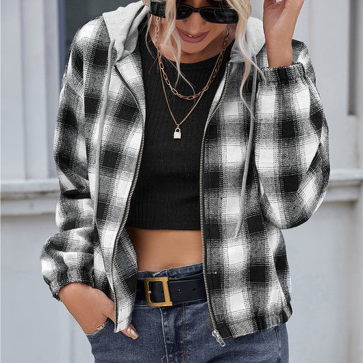 Chaqueta Camisa Cuadros Suelta con Capucha y Cierre - Image 6