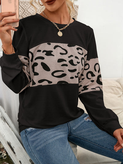 Suéter Tejido Estampado Leopardo Cuello Redondo con Parches de Contraste para Mujer - Image 9