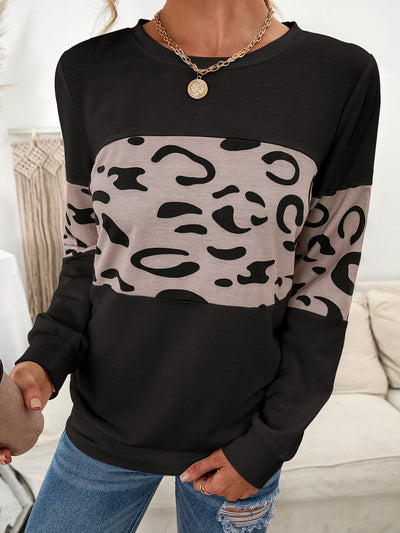 Suéter Tejido Estampado Leopardo Cuello Redondo con Parches de Contraste para Mujer - Image 13