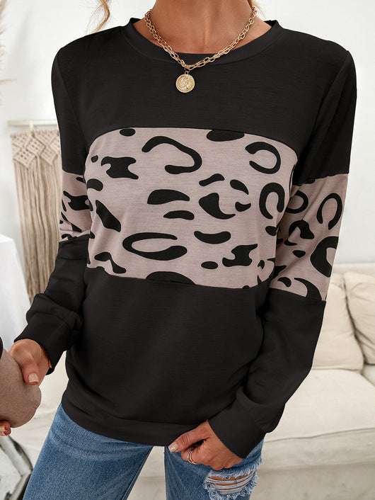 Suéter Tejido Estampado Leopardo Cuello Redondo con Parches de Contraste para Mujer - Image 13