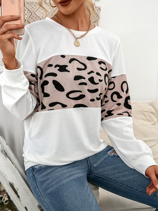 Suéter Tejido Estampado Leopardo Cuello Redondo con Parches de Contraste para Mujer - Image 14