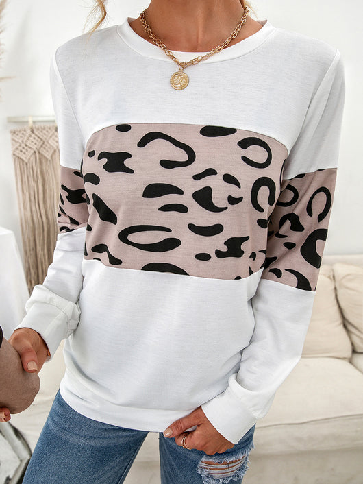 Suéter Tejido Estampado Leopardo Cuello Redondo con Parches de Contraste para Mujer - Image 18