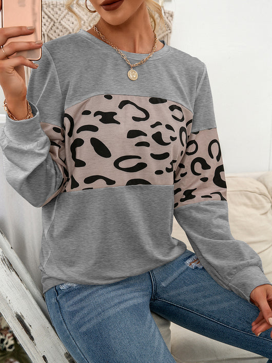 Suéter Tejido Estampado Leopardo Cuello Redondo con Parches de Contraste para Mujer - Image 19