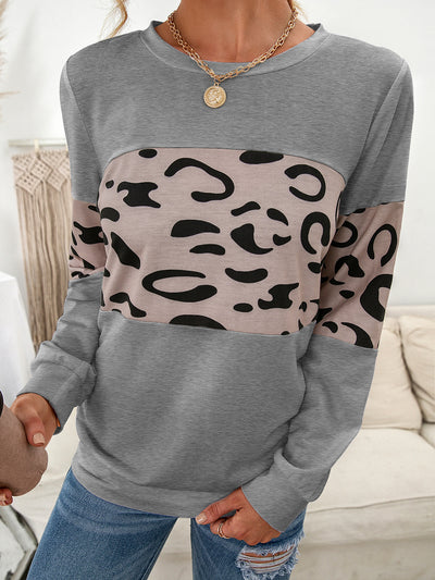 Suéter Tejido Estampado Leopardo Cuello Redondo con Parches de Contraste para Mujer - Image 23