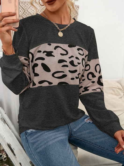 Suéter Tejido Estampado Leopardo Cuello Redondo con Parches de Contraste para Mujer - Image 24