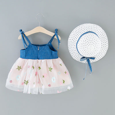 Vestido Infantil Denim con Detalles de Malla y Tirantes