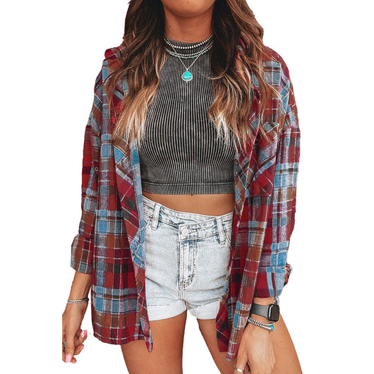 Camisa Cuadros Casual Suelta con Múltiples Hebillas para Mujer - Image 6