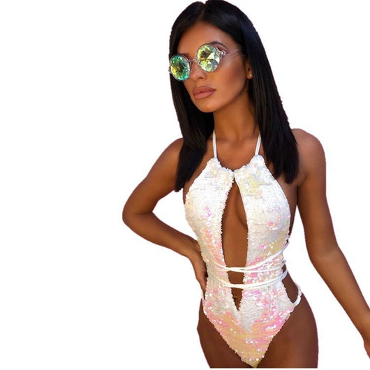 Traje de Baño Enterizo con Lentejuelas y Cuello Halter Ajustable - Image 12