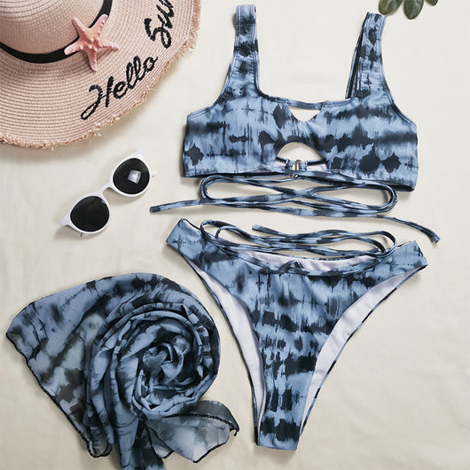Blue and black tie-dye three-piece bikini set with cross-tie top, matching bottoms, and sheer sarong. - Image 13